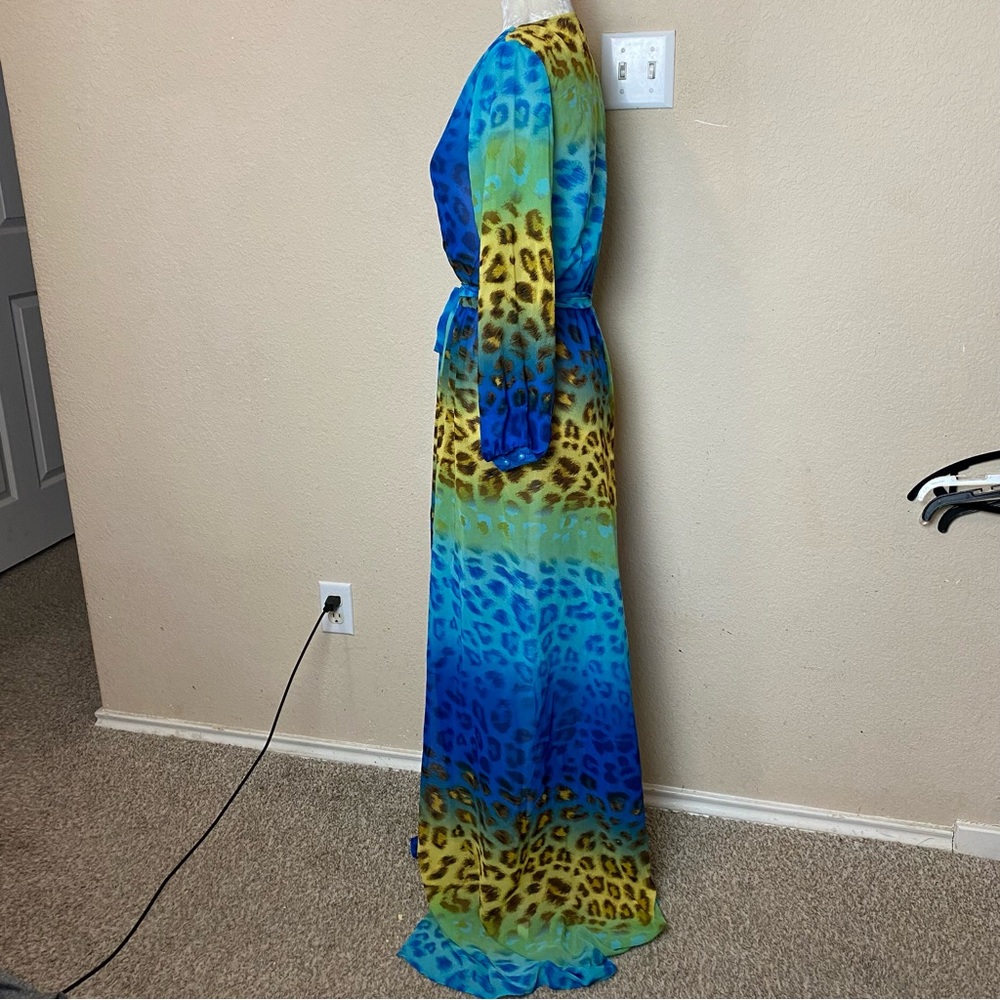 Moda Minx Dress Turquoise Leopard Print Long Sleeve Split Hem Maxi Size Small - Picture 6 of 10